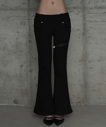 Lace Zipper Layer Bootcut Pants (Black)