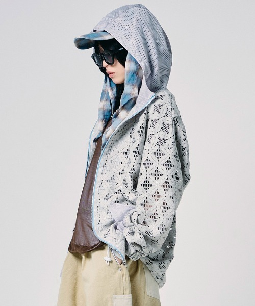 EFFECTEN(エフェクテン)の「mpa4146-Flower mesh zip hoodie ジップパーカー(efdig-19)(パーカー・メンズ・グレー/ブラック・ONE SIZE)」の16枚目の写真