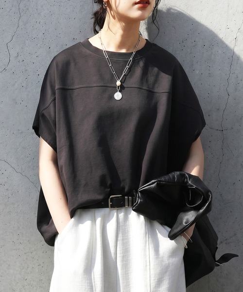 antiqua(アンティカ)の「綿100 半袖 無地 クルーネック カットソー(Tシャツ/カットソー・レディース・ブルー/アイボリー/スミクロ/ブラック・ONESIZE)」の1枚目の写真