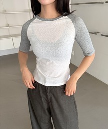 無地 配色 ラグラン 半袖 / ５分袖 クロップド Tシャツ