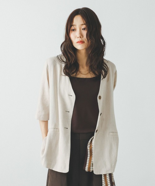 GLOBAL WORK(グローバルワーク)の「リネンレーヨンノーカラージャケット半袖/632435(ノーカラージャケット・レディース・チャコールグレー/ブラウン/ナチュラル・MEDIUM/LARGE)」の5枚目の写真