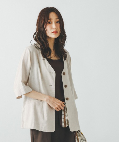 GLOBAL WORK(グローバルワーク)の「リネンレーヨンノーカラージャケット半袖/632435(ノーカラージャケット・レディース・チャコールグレー/ブラウン/ナチュラル・MEDIUM/LARGE)」の6枚目の写真