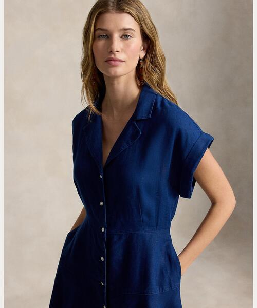 POLO RALPH LAUREN（ポロ ラルフ ローレン）の「リネン キャップスリーブ シャツドレス（シャツワンピース・レディース・ブルー・2/0/6）」の4枚目の写真