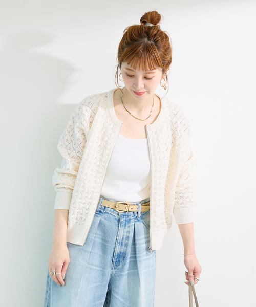 B.C STOCK(ベーセーストック)の「《追加》手洗い可 / 幾何柄ZIPカーディガン(カーディガン/ボレロ・レディース・ホワイト/ネイビー/キャメル・FREE)」の7枚目の写真