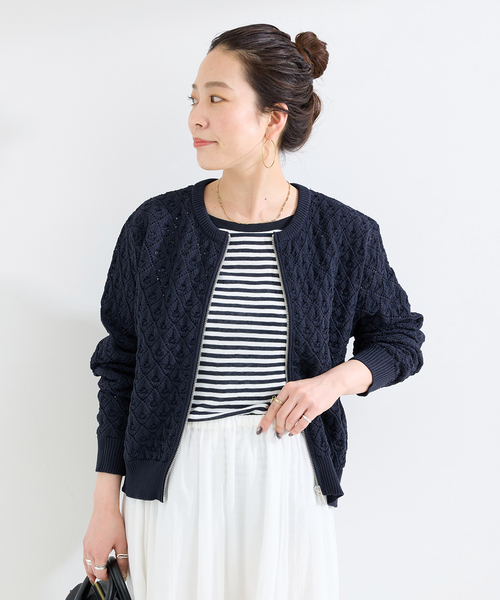 B.C STOCK(ベーセーストック)の「《追加》手洗い可 / 幾何柄ZIPカーディガン(カーディガン/ボレロ・レディース・ホワイト/ネイビー/キャメル・FREE)」の19枚目の写真