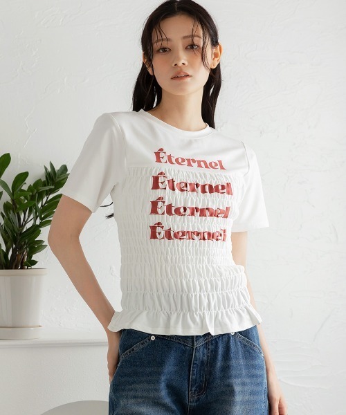 Nulli(ヌリ)の「シャーリングロゴTシャツ(Tシャツ/カットソー・レディース・ネイビー/ブラック/オフホワイト/グレー・FREE)」の1枚目の写真