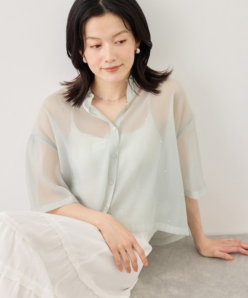ROPE' PICNIC(ロペピクニック)の「シアーパールハーフスリーブブラウス(シャツ/ブラウス・レディース・ホワイト系その他/グリーン系その他/ブラック・FREE)」の3枚目の写真
