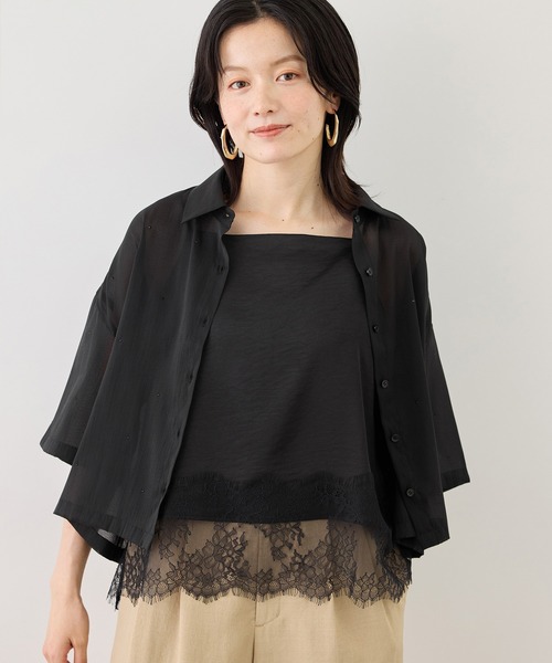 ROPE' PICNIC(ロペピクニック)の「シアーパールハーフスリーブブラウス(シャツ/ブラウス・レディース・ホワイト系その他/グリーン系その他/ブラック・FREE)」の1枚目の写真