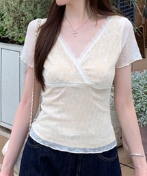 カシュクール Vネック レーストリム ジャガード 半袖Tシャツ