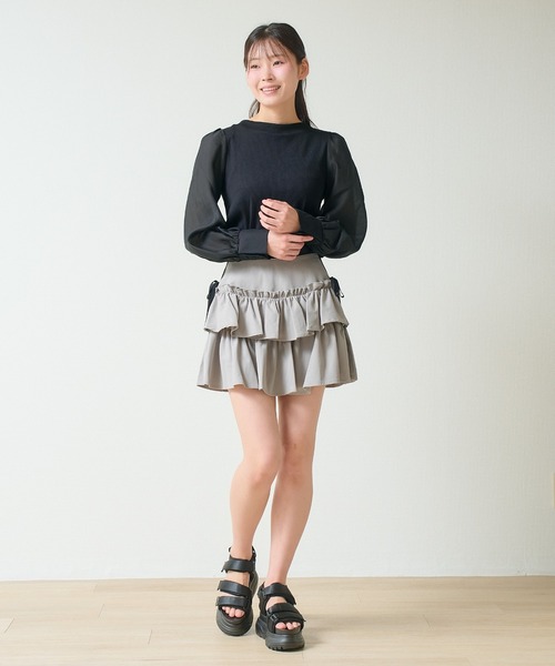 .WORKS(ドットワークス)の「2本ライン リボン結び 2段ティアードヒラミニ スカパン(スカート・レディース・オフホワイト/ライトグレー/ネイビー/ブラック・M)」の3枚目の写真