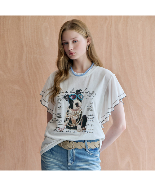MAXZA(マージャコレクション)の「パピープリントビーズフリル半袖Tシャツ(Tシャツ/カットソー・レディース・ホワイト・FREE)」の1枚目の写真