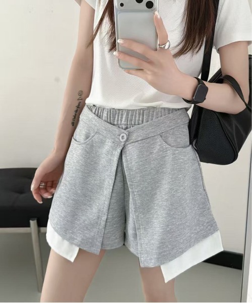 &soiree(アンドソワレ)の「ラップデザインスウェットショートパンツ(スウェットパンツ・レディース・杢グレー/ネイビー/レッド・LARGE/MEDIUM)」の1枚目の写真