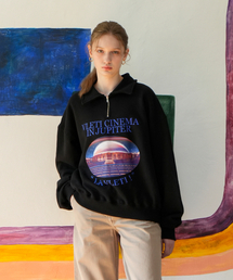Art Work Printing Half Zip-up Sweatshirt (Black Purple)