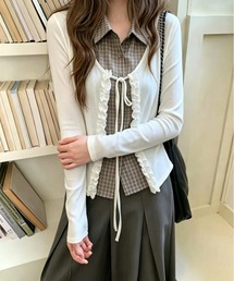 3色展開フェイクレイヤードデザインチェック柄ロンT