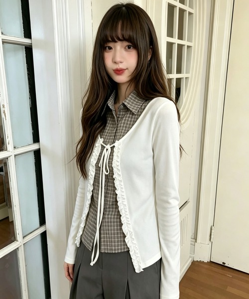 GEMEDA(ジェメダ)の「3色展開フェイクレイヤードデザインチェック柄ロンT(Tシャツ/カットソー・レディース・ホワイト/ブラック/ブラウン・M)」の7枚目の写真