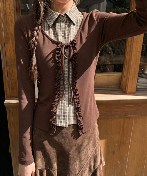 GEMEDA(ジェメダ)の「3色展開フェイクレイヤードデザインチェック柄ロンT(Tシャツ/カットソー・レディース・ホワイト/ブラック/ブラウン・M)」の15枚目の写真