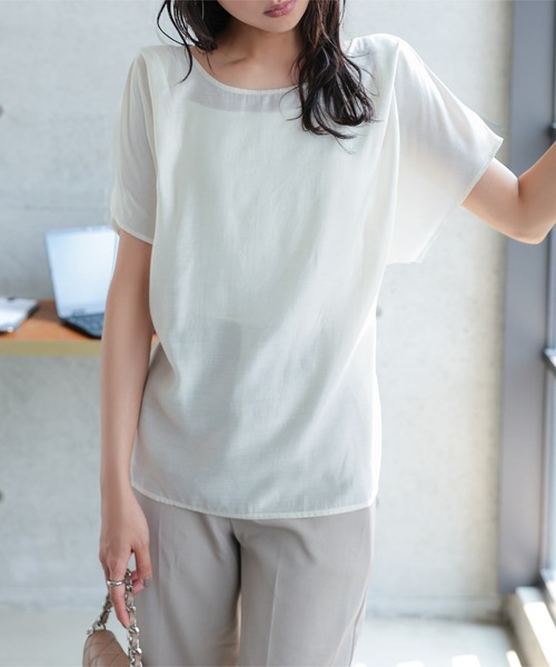 KOBE LETTUCE（コウベレタス）の「[ オフィスカジュアル ] ウエストスリボンシアータックドルマンブラウス（シャツ/ブラウス・レディース・ネイビー/クリーム/ピンク・M）」の4枚目の写真
