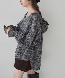 【WEB限定】フリルフードチェックシャツ