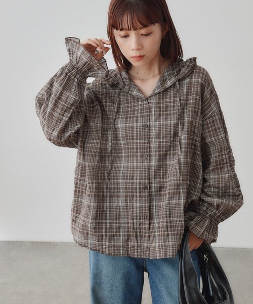 DISCOAT(ディスコート)の「【WEB限定】フリルフードチェックシャツ(シャツ/ブラウス・レディース・ブラック/ブラウン/ネイビー・FREE)」の13枚目の写真