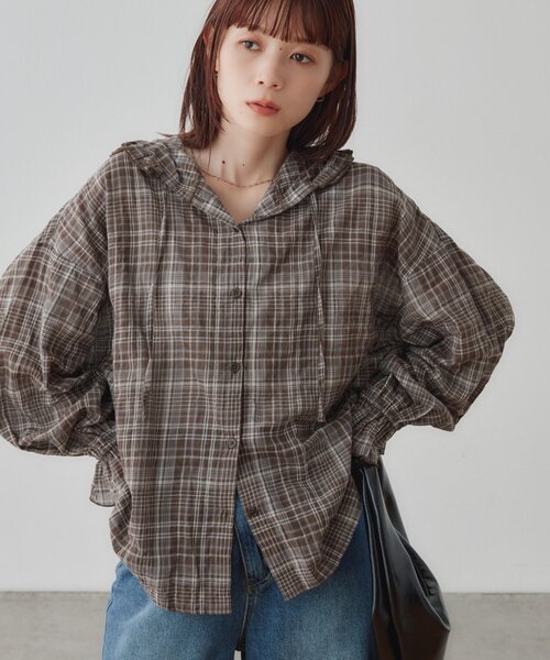 DISCOAT(ディスコート)の「【WEB限定】フリルフードチェックシャツ(シャツ/ブラウス・レディース・ブラック/ブラウン/ネイビー・FREE)」の14枚目の写真