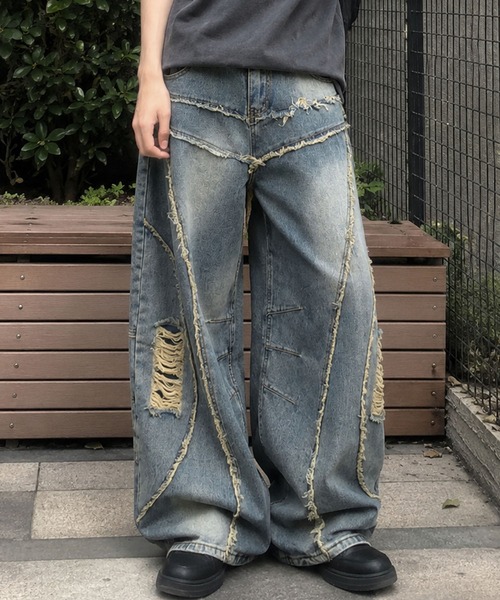 HOOK(フック)の「HOOK ダメージパッチワークワイドデニムパンツ(デニムパンツ・メンズ・ブラック/ライトブルー・M/L/S)」の2枚目の写真