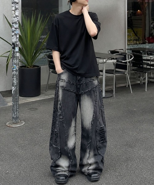 HOOK(フック)の「HOOK ダメージパッチワークワイドデニムパンツ(デニムパンツ・メンズ・ブラック/ライトブルー・M/L/S)」の3枚目の写真