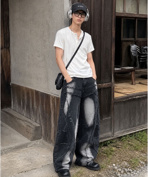 HOOK(フック)の「HOOK ダメージパッチワークワイドデニムパンツ(デニムパンツ・メンズ・ブラック/ライトブルー・M/L/S)」の7枚目の写真
