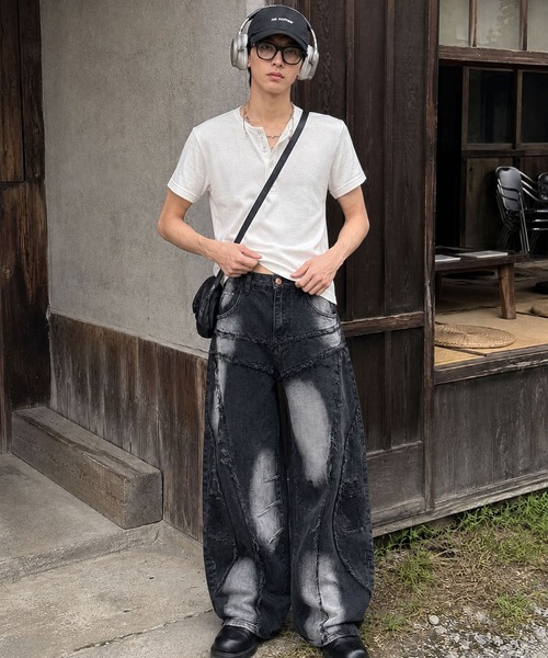 HOOK(フック)の「HOOK ダメージパッチワークワイドデニムパンツ(デニムパンツ・メンズ・ブラック/ライトブルー・M/L/S)」の9枚目の写真