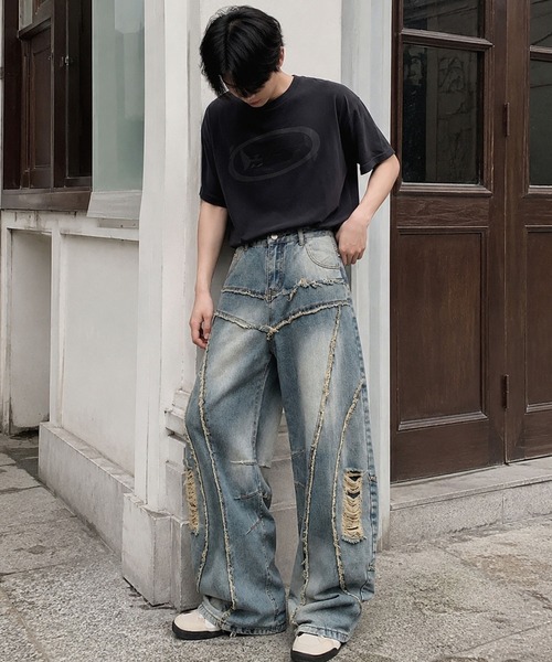 HOOK(フック)の「HOOK ダメージパッチワークワイドデニムパンツ(デニムパンツ・メンズ・ブラック/ライトブルー・M/L/S)」の13枚目の写真