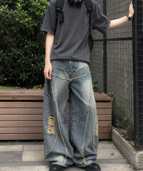 HOOK(フック)の「HOOK ダメージパッチワークワイドデニムパンツ(デニムパンツ・メンズ・ブラック/ライトブルー・M/L/S)」の15枚目の写真