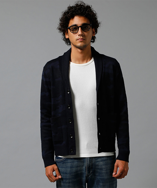 AZUL by moussy（アズールバイマウジー）の「シャドー迷彩ジャガードショールカーディ（カーディガン/ボレロ・メンズ・ブラック/ネイビー・LARGE/MEDIUM/SMALL/X-LARGE/X-SMALL）」の13枚目の写真