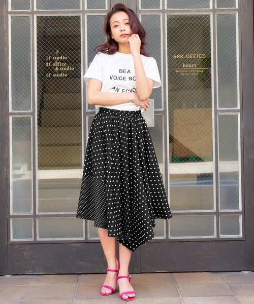 KOBE LETTUCE（コウベレタス）の「ドット柄orストライプ柄イレギュラーヘムミディアム丈フレアスカート レディース ボトムス[M2148]神戸レタス（スカート・レディース・ブラック系その他2/ホワイト系その他/ホワイト系その他2/ブルー系その他・FREE）」の6枚目の写真