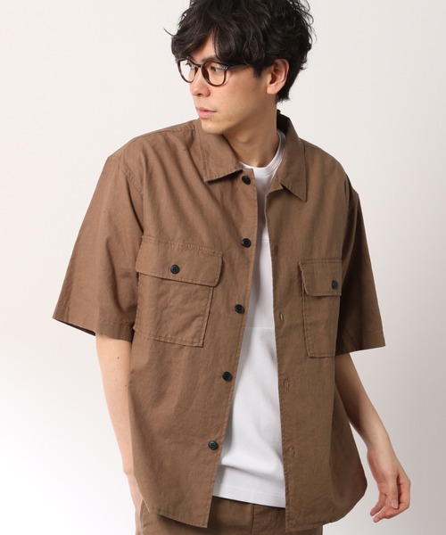 LAKOLE(ラコレ)の「リネン混クロップドCPOシャツ / LAKOLE(シャツ/ブラウス・メンズ・ブラック/ブラウン/ベージュ/オリーブ・MEDIUM/LARGE)」の1枚目の写真