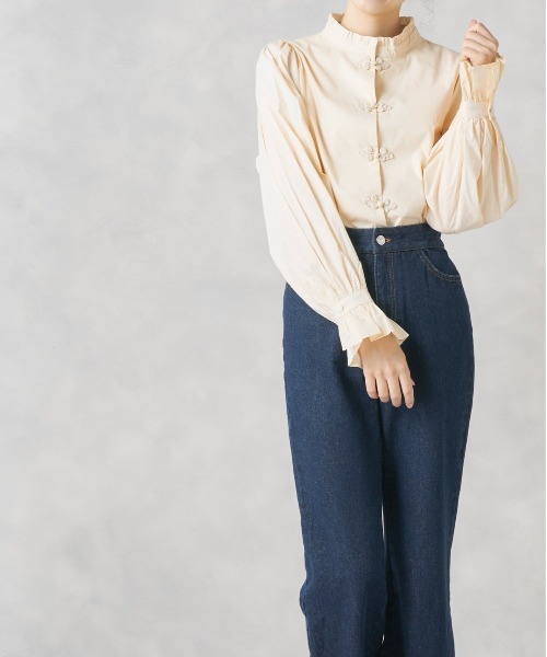 オリーブグリーン プリーツプリーズチャイナボタン長袖シャツ