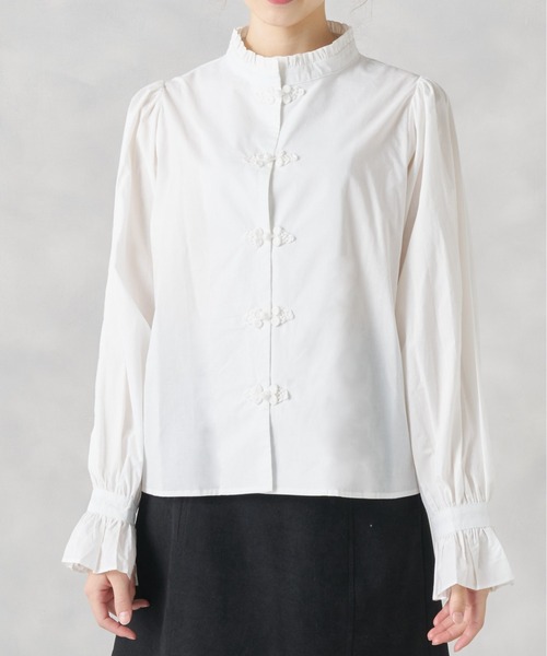 オリーブグリーン プリーツプリーズ　チャイナボタン　長袖シャツ オリーブグリーン プリーツプリーズ チャイナボタン 長袖シャツ