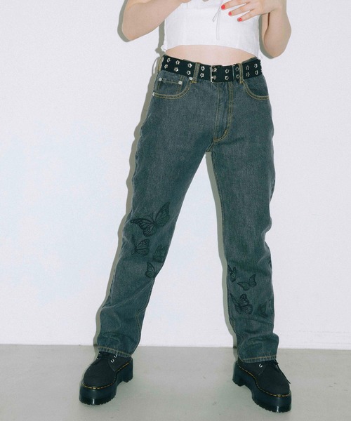 X-girl（エックスガール）の「BUTTERFLY PRINT DENIM PANTS（デニムパンツ・レディース・ブラック/ライトインディゴブルー・M/S/XS/L）」の4枚目の写真