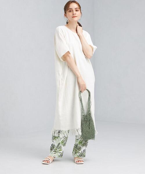 green label relaxing（グリーンレーベルリラクシング）の「[ エムワイエー ] SC MYA フリンジ カフタン ワンピース（ワンピース・レディース・オフホワイト/モカ・FREE）」の6枚目の写真