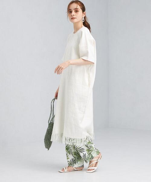 green label relaxing（グリーンレーベルリラクシング）の「[ エムワイエー ] SC MYA フリンジ カフタン ワンピース（ワンピース・レディース・オフホワイト/モカ・FREE）」の7枚目の写真