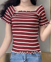DAY CLOSET（デイ クローゼット）の「レディース メロウフリルボーダーニットTシャツ（Tシャツ/カットソー）」