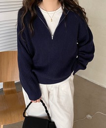 フロントジップ畦編みハイネックプルオーバー