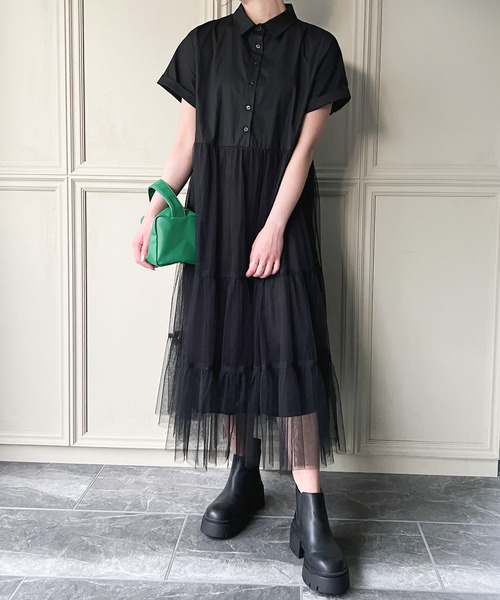 JUNOAH（ジュノア）の「チュール半袖シャツワンピース（シャツ