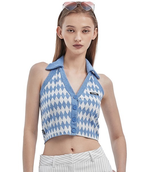 CRANK(クランク)の「A'GEM/9 × .kom『CRANK/クランク』TERRY DIAMOND VEST/テリー ダイアモンド ベスト スリーブレス(Tシャツ/カットソー・レディース・ブルー/イエロー・FREE)」の1枚目の写真