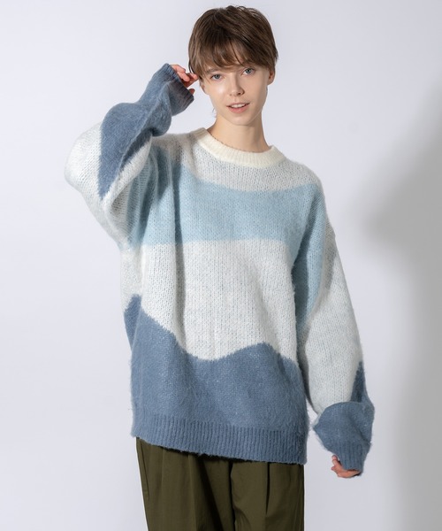 ONCILY(オンシェリー)の「WAVE PATTERN SHAGGY KNIT / シャギーウェーブニット(ニット/セーター・メンズ・オリーブ/ブルー・MEDIUM/LARGE)」の3枚目の写真
