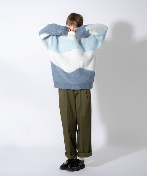 ONCILY(オンシェリー)の「WAVE PATTERN SHAGGY KNIT / シャギーウェーブニット(ニット/セーター・メンズ・オリーブ/ブルー・MEDIUM/LARGE)」の7枚目の写真