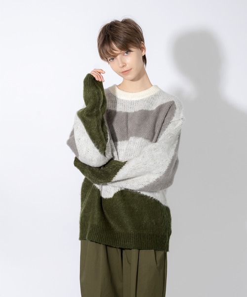 ONCILY(オンシェリー)の「WAVE PATTERN SHAGGY KNIT / シャギーウェーブニット(ニット/セーター・メンズ・オリーブ/ブルー・MEDIUM/LARGE)」の16枚目の写真
