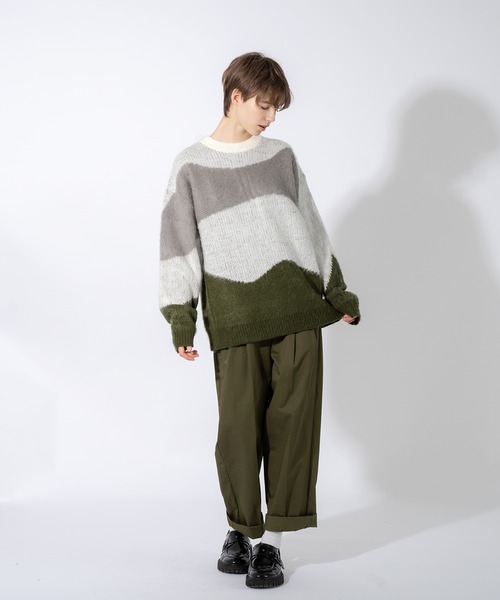 ONCILY(オンシェリー)の「WAVE PATTERN SHAGGY KNIT / シャギーウェーブニット(ニット/セーター・メンズ・オリーブ/ブルー・MEDIUM/LARGE)」の19枚目の写真