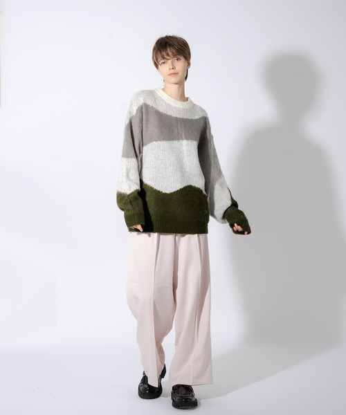 ONCILY(オンシェリー)の「WAVE PATTERN SHAGGY KNIT / シャギーウェーブニット(ニット/セーター・メンズ・オリーブ/ブルー・MEDIUM/LARGE)」の20枚目の写真