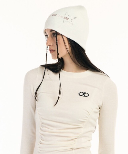 SETUPEXE（セットアップイーエックスイー）の「【SETUP‐EXE/セットアップエグゼ】Star red lettering hotfix Beanie/ラインストーン ビジュー ビーニー ニット帽 帽子（ニットキャップ/ビーニー・レディース・アイボリー/ブラック/モカ・ONE SIZE）」の8枚目の写真