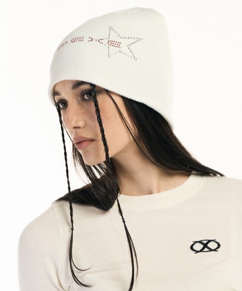 SETUPEXE（セットアップイーエックスイー）の「【SETUP‐EXE/セットアップエグゼ】Star red lettering hotfix Beanie/ラインストーン ビジュー ビーニー ニット帽 帽子（ニットキャップ/ビーニー・レディース・アイボリー/ブラック/モカ・ONE SIZE）」の5枚目の写真