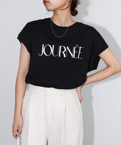andme（アンドミー）の「ロゴプリントフレンチスリーブTシャツ（Tシャツ/カットソー・レディース・ブラック/ホワイト×ブラック/チャコールグレー/ベージュ/ネイビー/ホワイト×レッド/ブルーグリーン/カーキ/スミクロ/ホワイト×シルバー・M）」の5枚目の写真